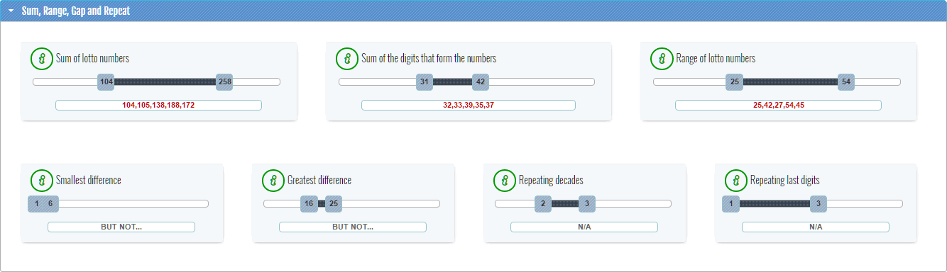 Lottery number generator - Sum, Range, Gap and Repeat filters