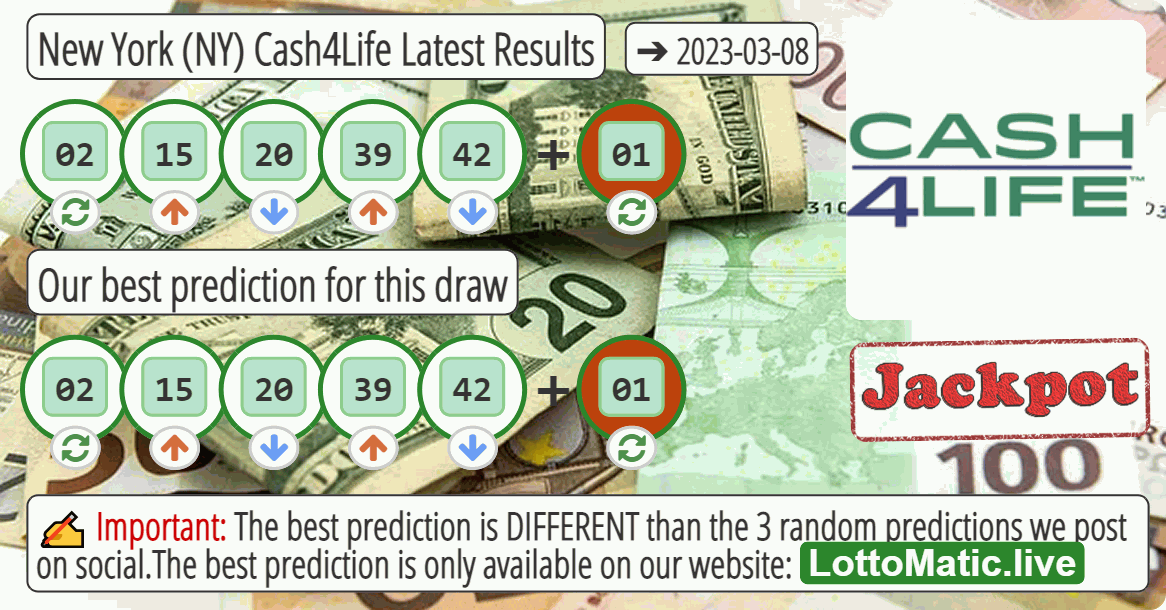 New York (NY) Cash4Life results drawn on 2023-03-08