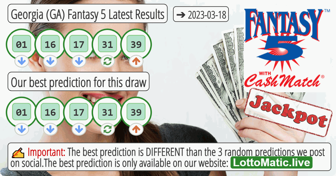 Georgia (GA) Fantasy 5 results drawn on 2023-03-18