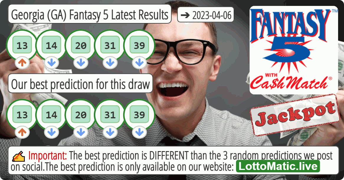 Georgia (GA) Fantasy 5 results drawn on 2023-04-06