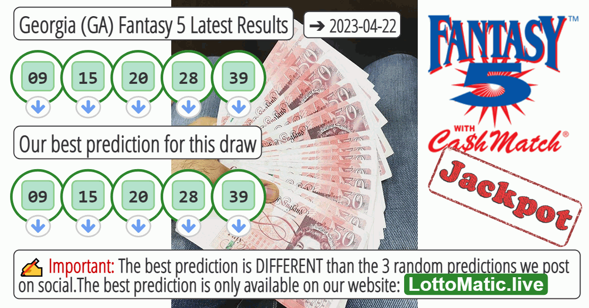 Georgia (GA) Fantasy 5 results drawn on 2023-04-22