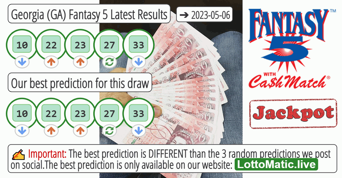 Georgia (GA) Fantasy 5 results drawn on 2023-05-06