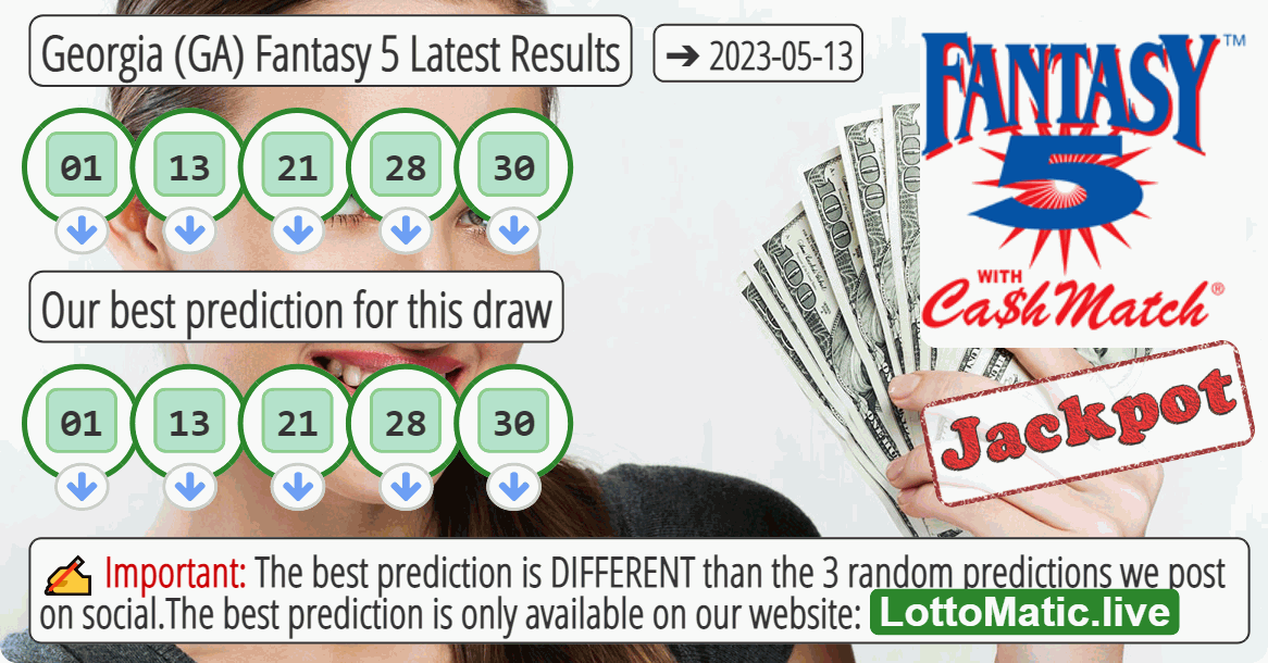 Georgia (GA) Fantasy 5 results drawn on 2023-05-13