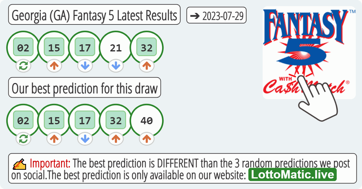 Georgia (GA) Fantasy 5 results drawn on 2023-07-29