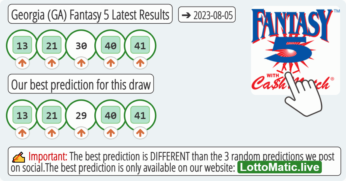 Georgia (GA) Fantasy 5 results drawn on 2023-08-05