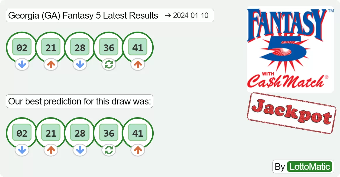 Georgia (GA) Fantasy 5 results drawn on 2024-01-10