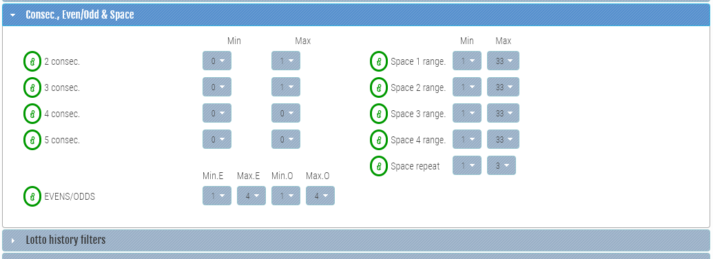 Number generator - Consec., Even/Odd and Space filters