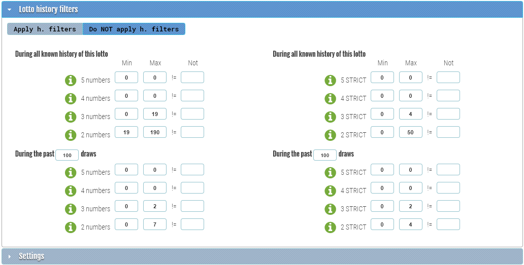 Number Generator - Lotto History filters