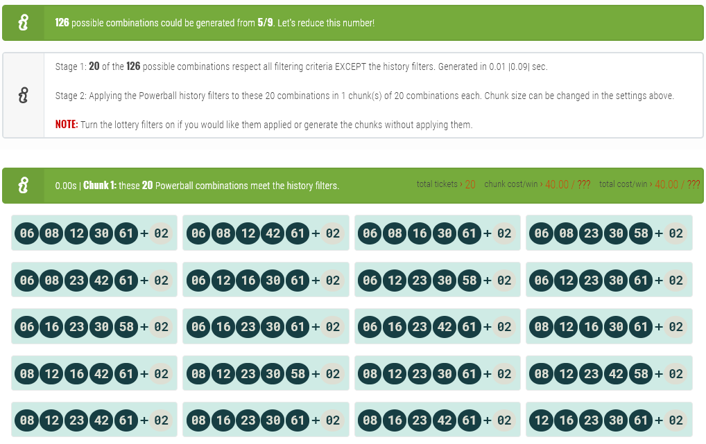 Number generator - Results for the match against filters